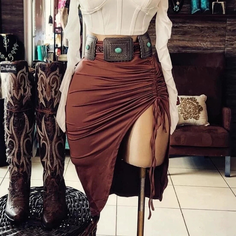 H&M Western High Waist Split Skirt Y2K Slim Fit Pleated Drawstring Mini